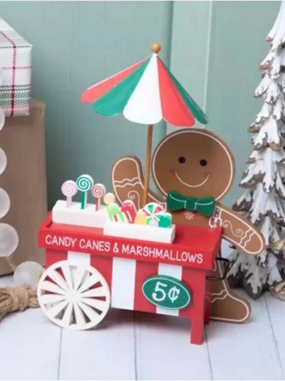 🆕-Festive Gingerbread Man Candy Cart Wooden Christmas Decor.